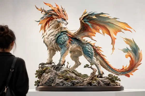 Un modèle de créature fantastique colorée aux éléments sculptés distincts, sur un fond de studio clair.