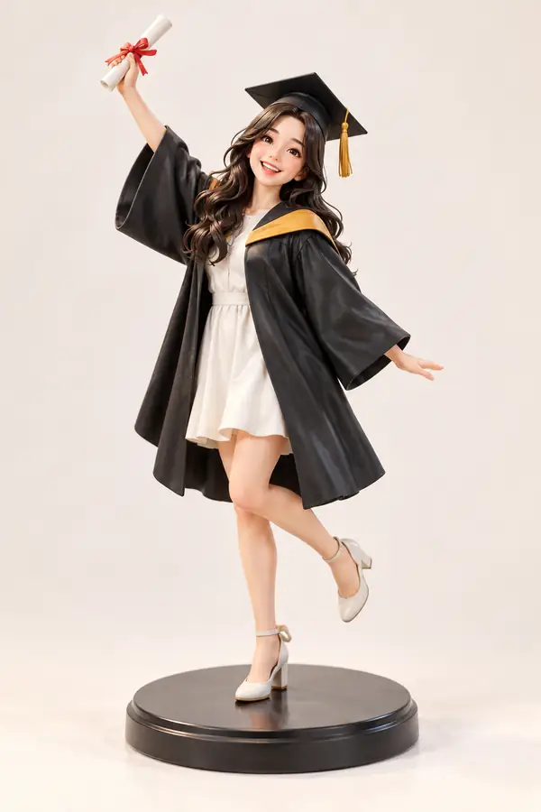Une joyeuse figurine de diplômé sur un petit socle de présentation, devant un fond clair.