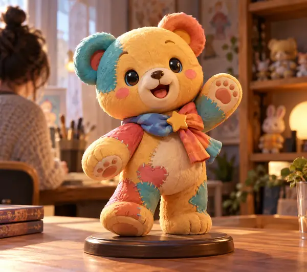 Un ourson jouet coloré, représenté comme un objet de collection en trois dimensions sous un éclairage doux.