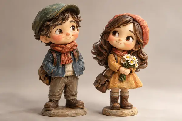 Une charmante paire de petites figurines peintes à la main sur un fond de studio épuré.