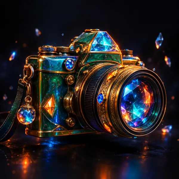 Un objet 3D coloré et imaginatif présenté sur une carte de galerie sombre.