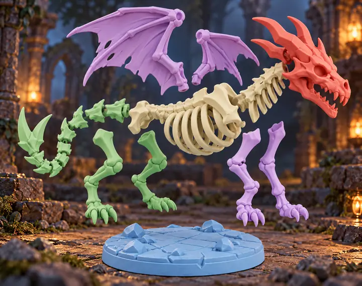 Une créature squelette fantastique séparée en pièces sculpturales colorées pour un flux de travail d’impression.