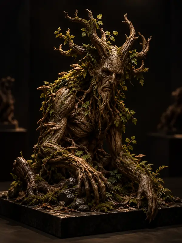 Un personnage sculptural de sentinelle de la forêt présenté sur une vignette de galerie sombre.