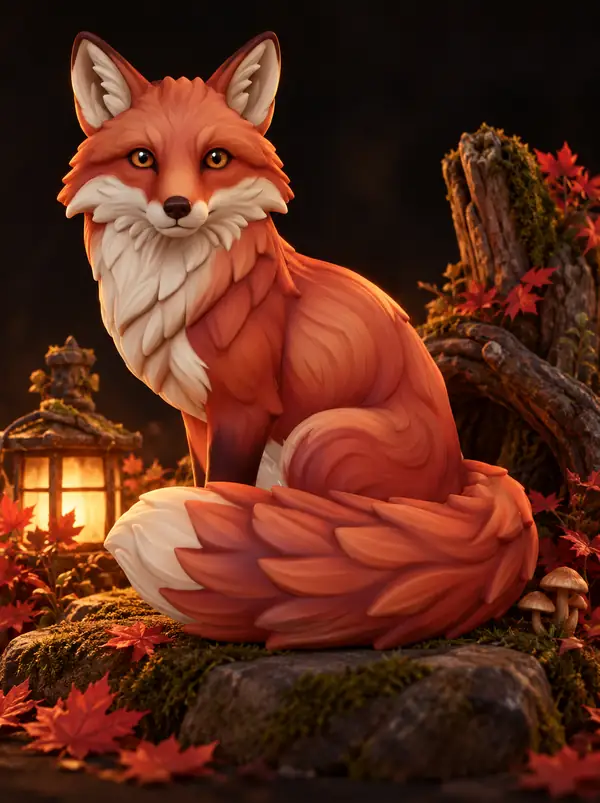 Un modèle de personnage renard stylisé présenté dans une vitrine sombre.
