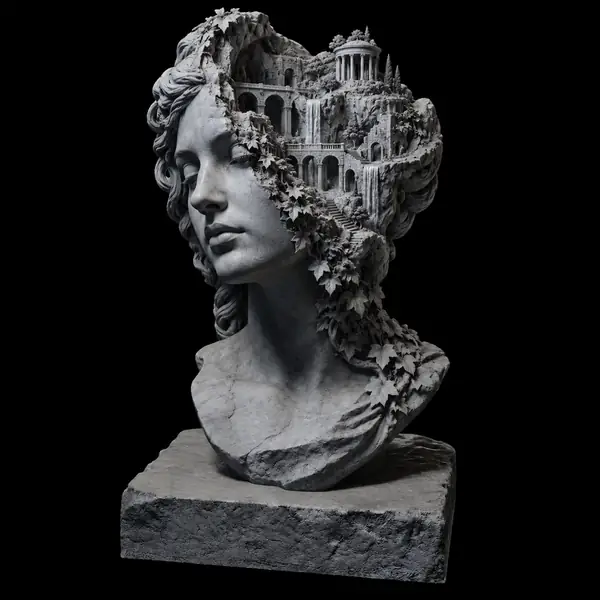 Un buste sculptural en pierre aux détails complexes, présenté comme un modèle en trois dimensions dans un espace de travail sombre.