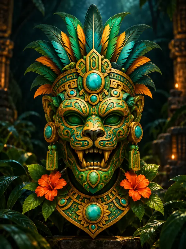 Un masque sculpté orné aux détails éclatants, présenté comme un modèle 3D.